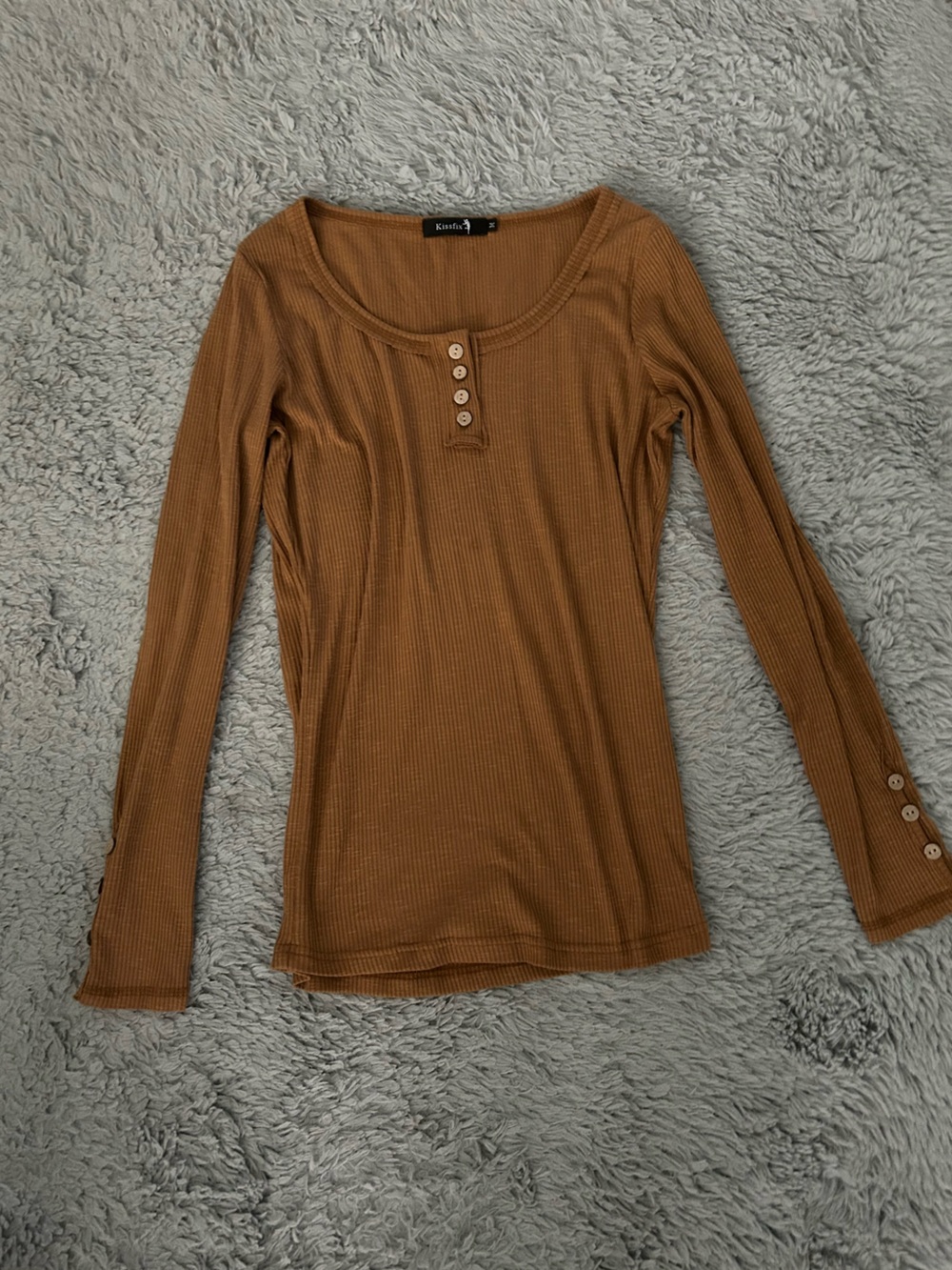 Women's Ribbed Button Henley Top - Camel
